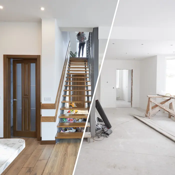 Image avant et après d'une maison, à gauche finie et impeccable, à droite en cours de chantier, capturant l'impact visuel du nettoyage de fin de chantier par ISL Nettoyage.