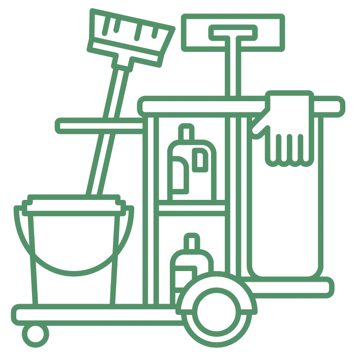 Pictogramme d'un chariot de nettoyage équipé d'une serpillière, d'un seau, d'un balai, et d'autres outils de ménage