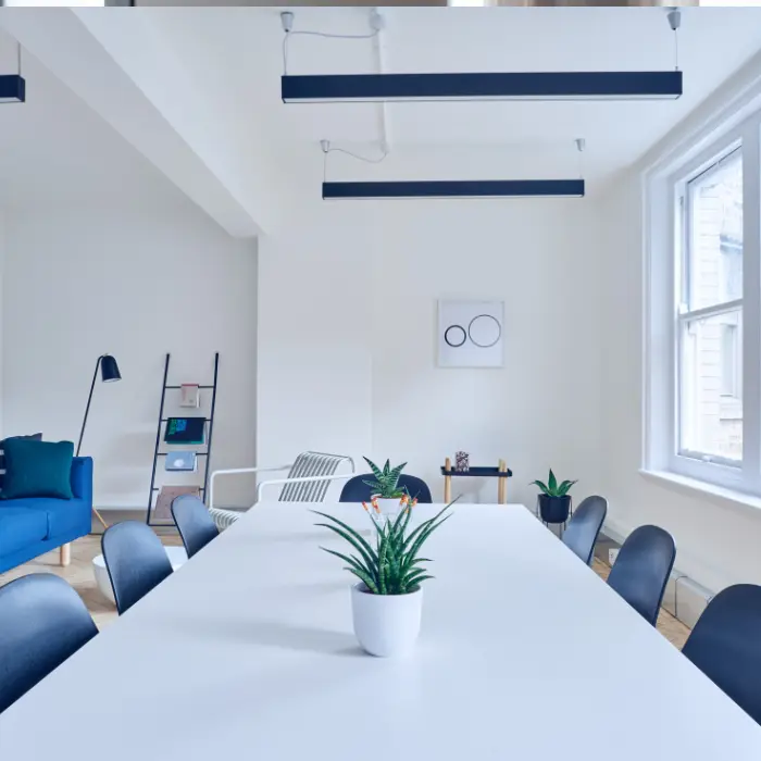 Intérieur lumineux et épuré avec mobilier propre et plantes vertes, résultat d'un service de nettoyage professionnel d'ISL Nettoyage